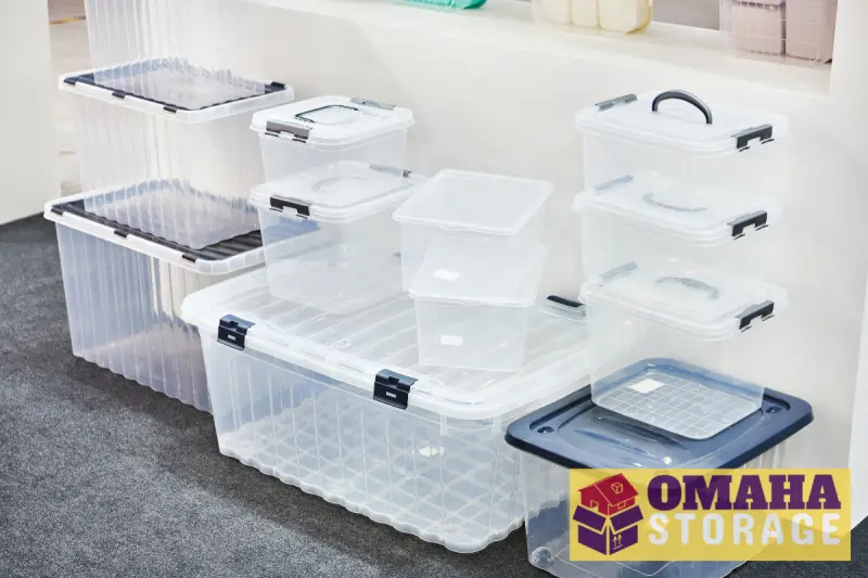 Stackable plastic bins and clear plastic containers keep small items organized and visible.